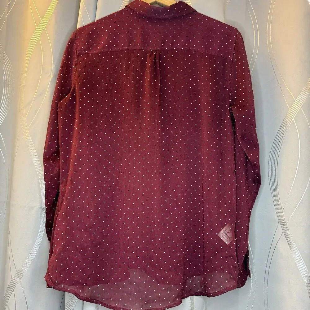 Eddie Bauer L Burgundy Long Sleeve Semi‎ Sheer Blouse Button Up Polka Dots - Picture 9 of 16